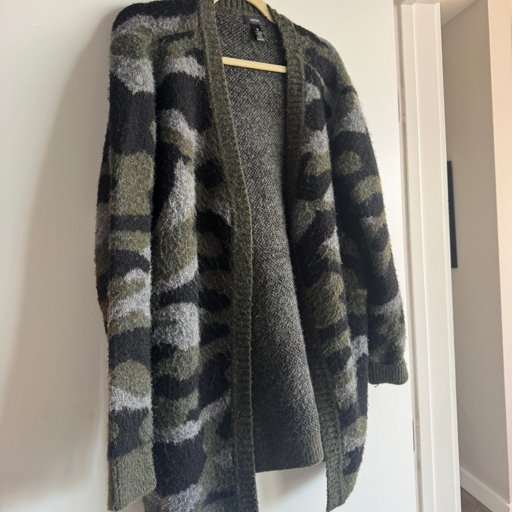 AQUA Women's Camo Open Front Cardigan Sweater, Green Camo, XL